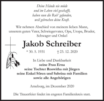 Traueranzeige von Jakob Schreiber  von Magdeburger Volksstimme