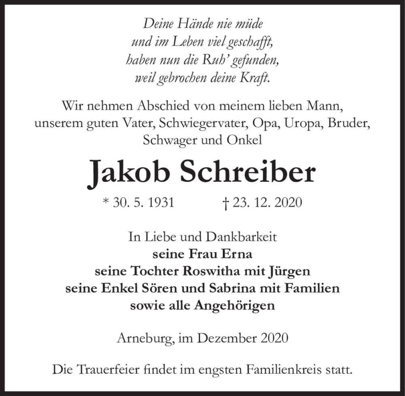  Traueranzeige für Jakob Schreiber  vom 30.12.2020 aus Magdeburger Volksstimme
