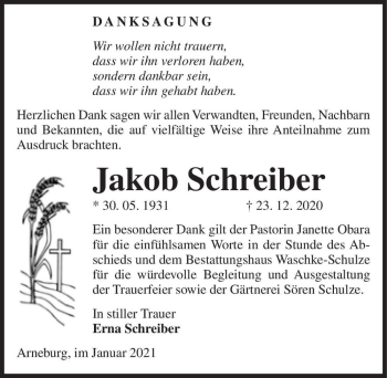 Traueranzeige von Jakob Schreiber  von Magdeburger Volksstimme