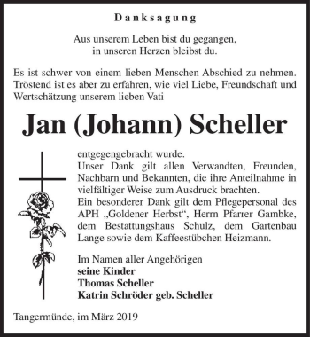 Traueranzeige von Jan (Johann) Scheller  von Magdeburger Volksstimme