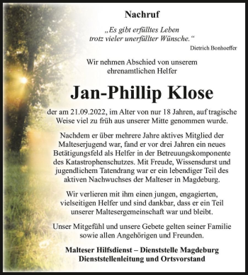 Traueranzeige von Jan-Phillip Klose  von Magdeburger Volksstimme