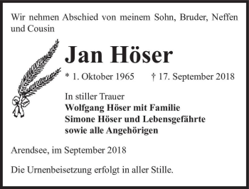 Traueranzeige von Jan Höser  von Magdeburger Volksstimme