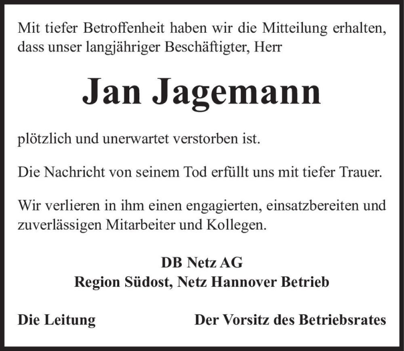  Traueranzeige für Jan Jagemann  vom 07.05.2021 aus Magdeburger Volksstimme