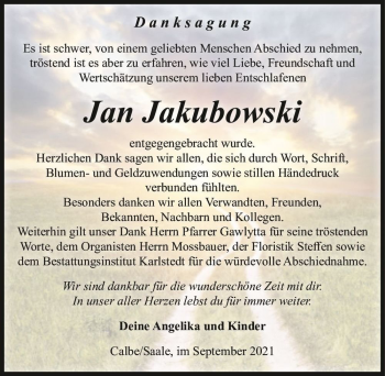 Traueranzeige von Jan Jakubowski  von Magdeburger Volksstimme