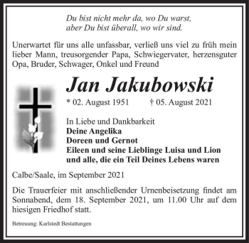 Traueranzeige von Jan Jakubowski  von Magdeburger Volksstimme