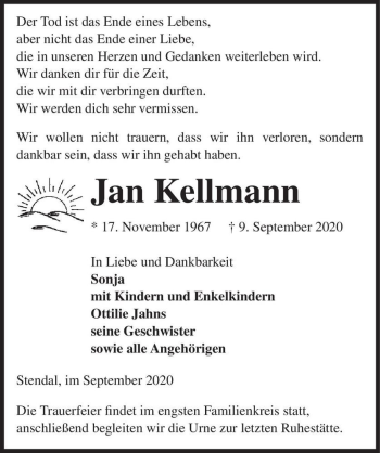 Traueranzeige von Jan Kellmann  von Magdeburger Volksstimme