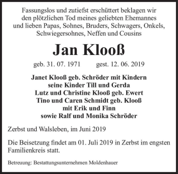 Traueranzeige von Jan Klooß  von Magdeburger Volksstimme