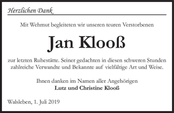 Traueranzeige von Jan Klooß  von Magdeburger Volksstimme