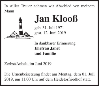 Traueranzeige von Jan Klooß  von Magdeburger Volksstimme