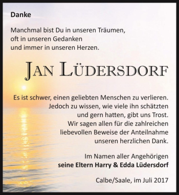 Traueranzeige von Jan Lüdersdorf  von Magdeburger Volksstimme