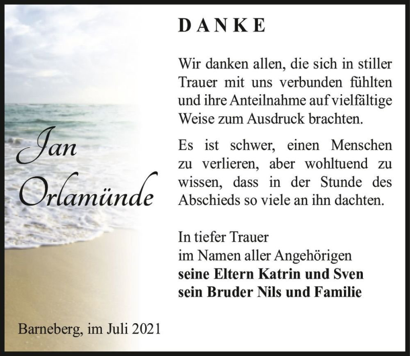  Traueranzeige für Jan Orlamünde  vom 31.07.2021 aus Magdeburger Volksstimme