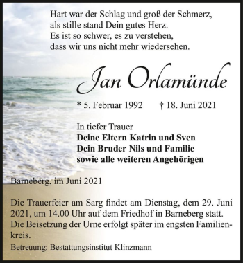 Traueranzeige von Jan Orlamünde  von Magdeburger Volksstimme