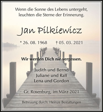 Traueranzeige von Jan Pilkiewicz  von Magdeburger Volksstimme