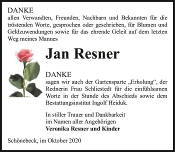 Traueranzeige von Jan Resner  von Magdeburger Volksstimme