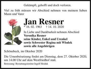 Traueranzeige von Jan Resner  von Magdeburger Volksstimme