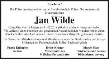 Traueranzeige von Jan Wilde  von Magdeburger Volksstimme