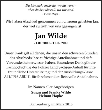 Traueranzeige von Jan Wilde  von Magdeburger Volksstimme