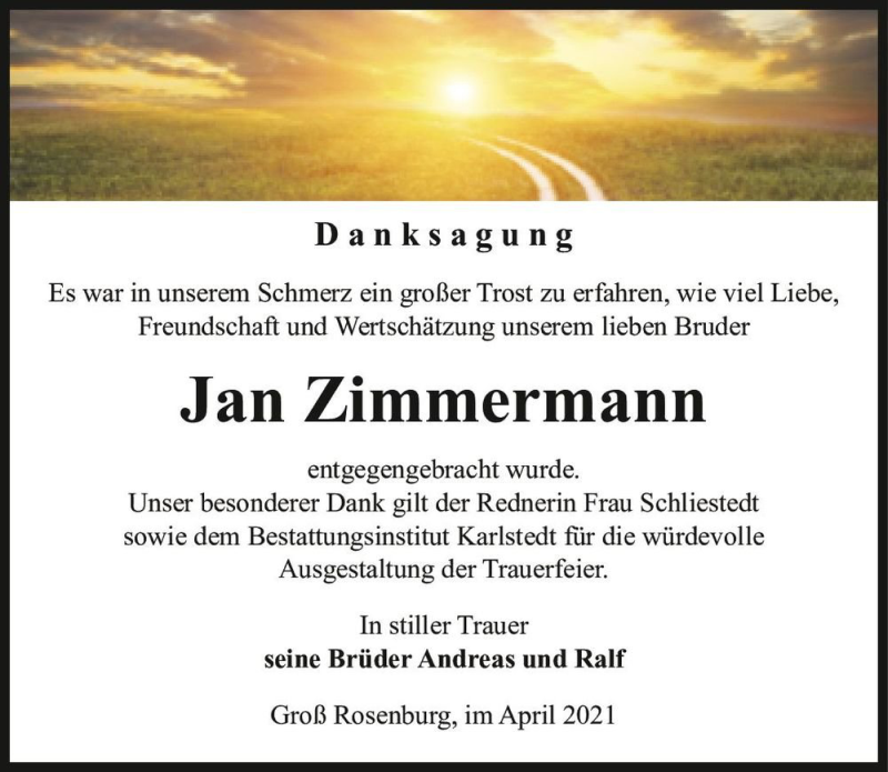  Traueranzeige für Jan Zimmermann  vom 03.04.2021 aus Magdeburger Volksstimme