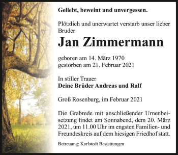 Traueranzeige von Jan Zimmermann  von Magdeburger Volksstimme