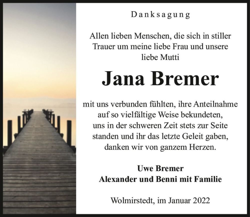  Traueranzeige für Jana Bremer  vom 08.01.2022 aus Magdeburger Volksstimme