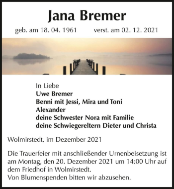 Traueranzeige von Jana Bremer  von Magdeburger Volksstimme