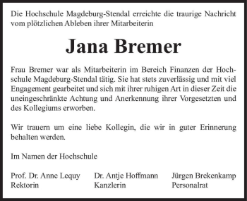 Traueranzeige von Jana Bremer  von Magdeburger Volksstimme