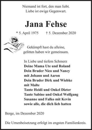 Traueranzeige von Jana Fehse  von Magdeburger Volksstimme