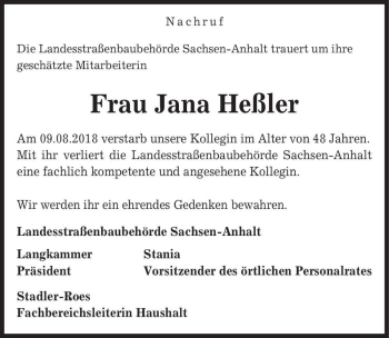 Traueranzeige von Jana Heßler  von Magdeburger Volksstimme