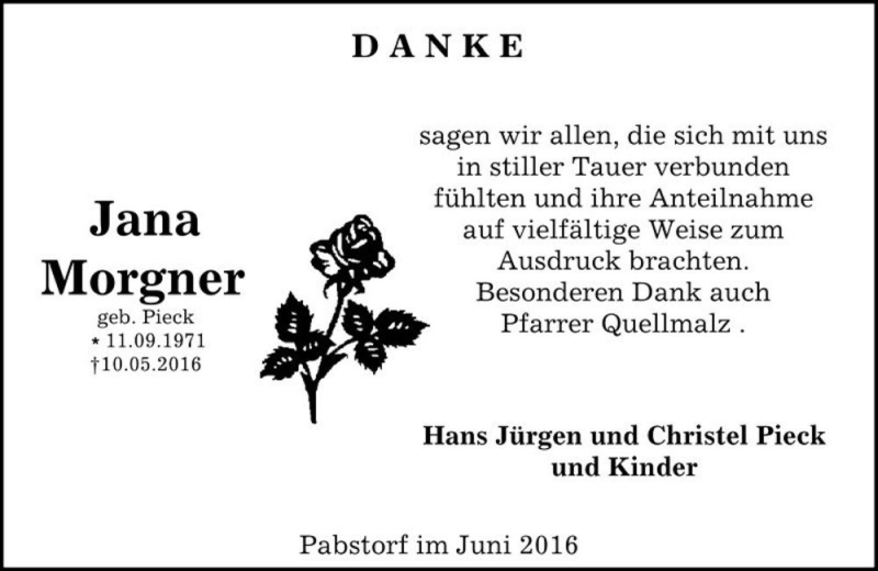  Traueranzeige für Jana Morgner (geb. Pieck)  vom 25.06.2016 aus Magdeburger Volksstimme