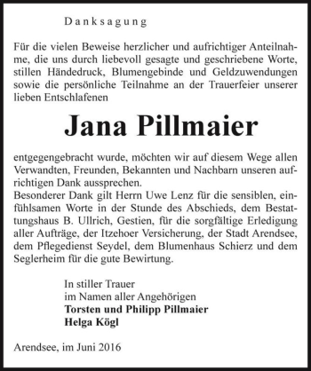 Traueranzeige von Jana Pillmaier  von Magdeburger Volksstimme