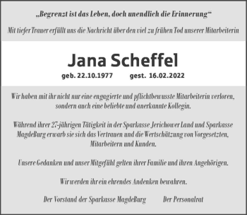 Traueranzeige von Jana Scheffel  von Magdeburger Volksstimme