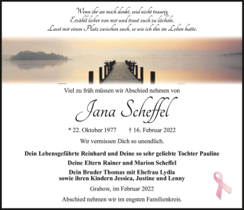 Traueranzeige von Jana Scheffel  von Magdeburger Volksstimme