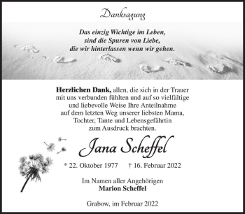 Traueranzeige von Jana Scheffel  von Magdeburger Volksstimme