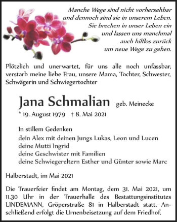 Traueranzeige von Jana Schmalian (geb. Meinecke)  von Magdeburger Volksstimme