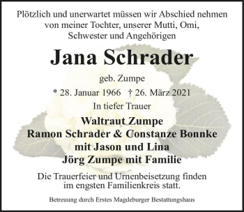 Traueranzeige von Jana Schrader (geb. Zumpe)  von Magdeburger Volksstimme