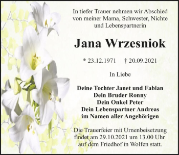 Traueranzeige von Jana Wrzesniok  von Magdeburger Volksstimme