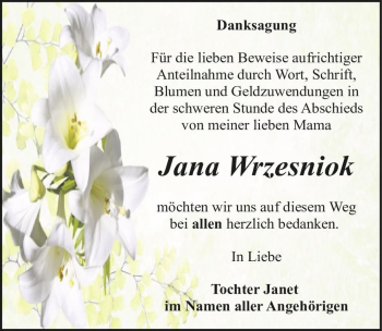 Traueranzeige von Jana Wrzesniok  von Magdeburger Volksstimme