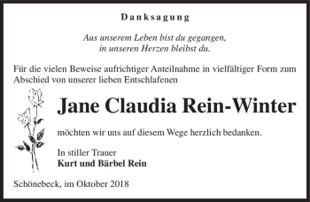 Traueranzeige von Jane Claudia Rein-Winter  von Magdeburger Volksstimme