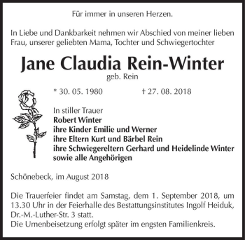 Traueranzeige von Jane Claudia Rein-Winter (geb. Rein)  von Magdeburger Volksstimme