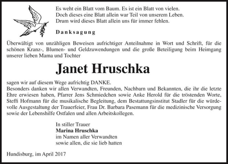  Traueranzeige für Janet Hruschka  vom 15.04.2017 aus Magdeburger Volksstimme