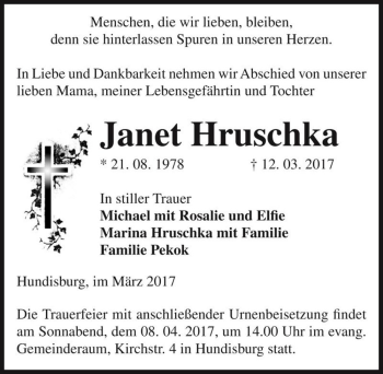 Traueranzeige von Janet Hruschka  von Magdeburger Volksstimme