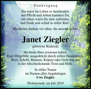 Traueranzeige von Janet Ziegler (geb. Bialetzki)  von Magdeburger Volksstimme