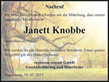 Traueranzeige von Janett Knobbe  von Magdeburger Volksstimme