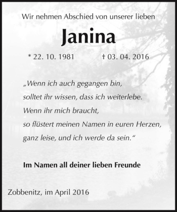 Traueranzeige von Janina  von Magdeburger Volksstimme