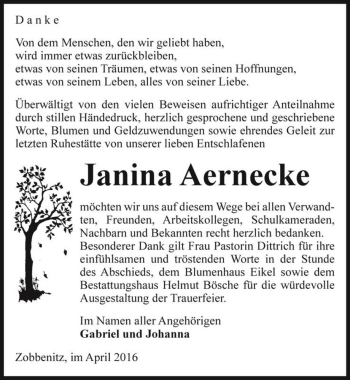 Traueranzeige von Janina Aernecke  von Magdeburger Volksstimme