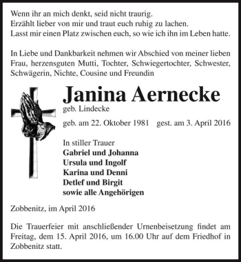 Traueranzeige von Janina Aernecke (geb. Lindecke)  von Magdeburger Volksstimme