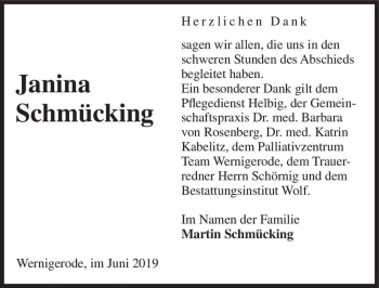 Traueranzeige von Janina Schmücking  von Magdeburger Volksstimme
