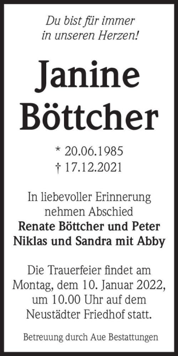 Traueranzeige von Janine Böttcher  von Magdeburger Volksstimme