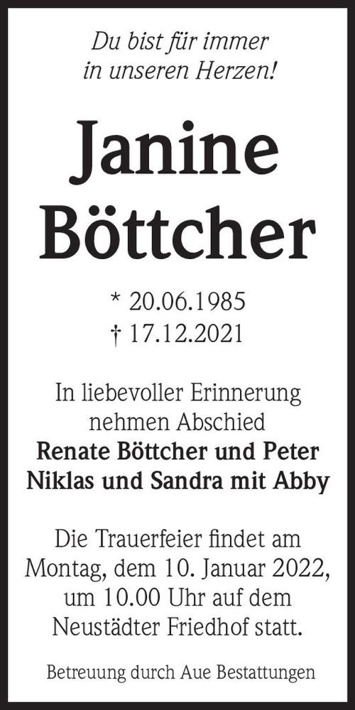  Traueranzeige für Janine Böttcher  vom 24.12.2021 aus Magdeburger Volksstimme