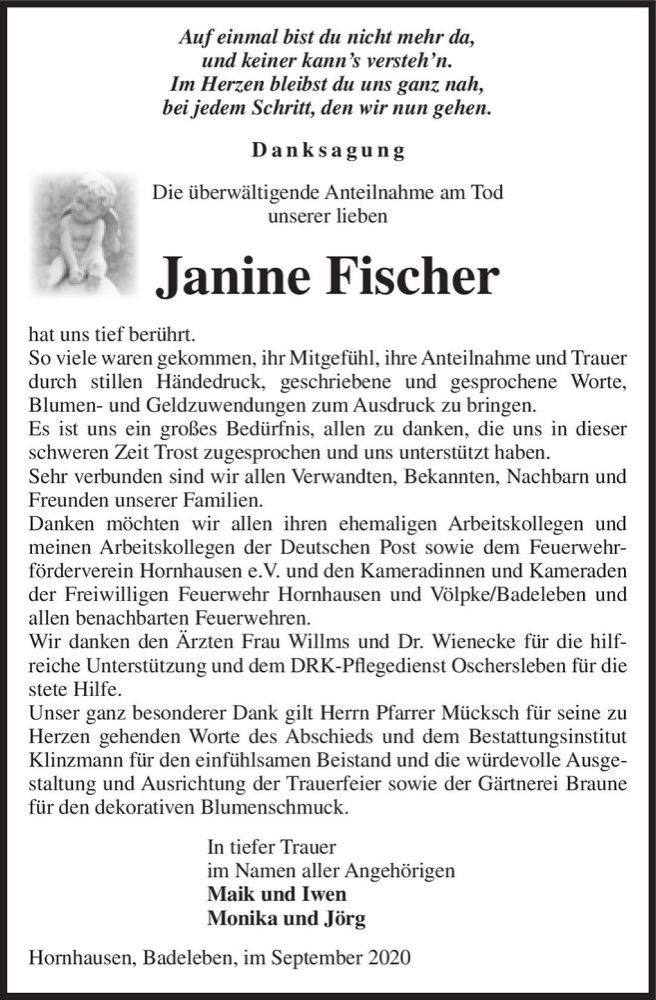  Traueranzeige für Janine Fischer  vom 01.10.2020 aus Magdeburger Volksstimme